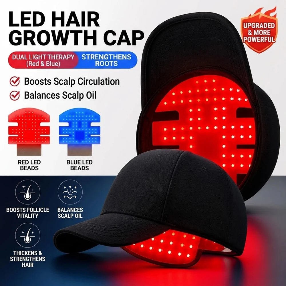 LED Hair Growth Cap Red Blue Light Therapy Hat Scalp Care Device 4 Modes Rechargeable Hair Thickening Cap