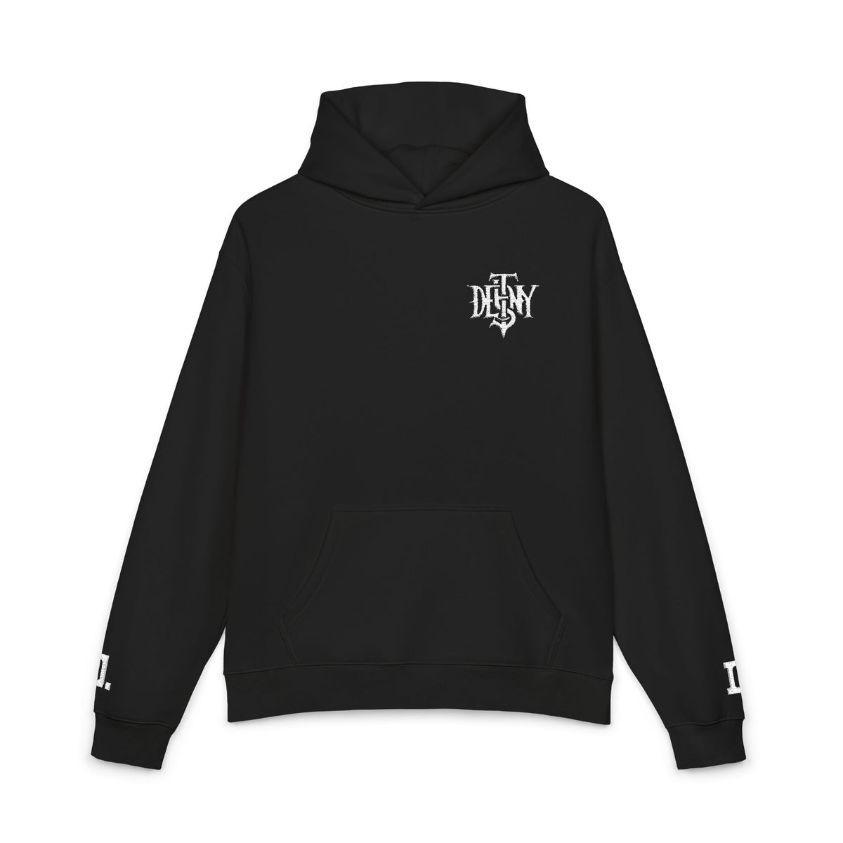 Relaxed Hoodie — Black Streetwear Hoodie with White Gothic 'DESTINY' Logo