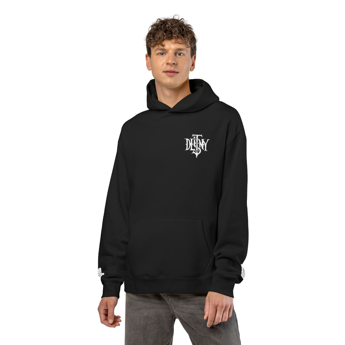 Relaxed Hoodie — Black Streetwear Hoodie with White Gothic 'DESTINY' Logo
