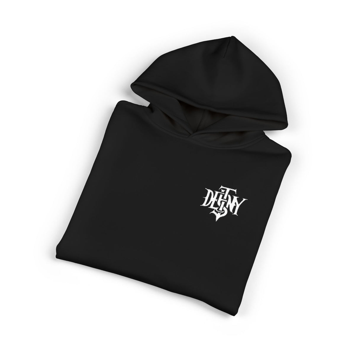 Relaxed Hoodie — Black Streetwear Hoodie with White Gothic 'DESTINY' Logo