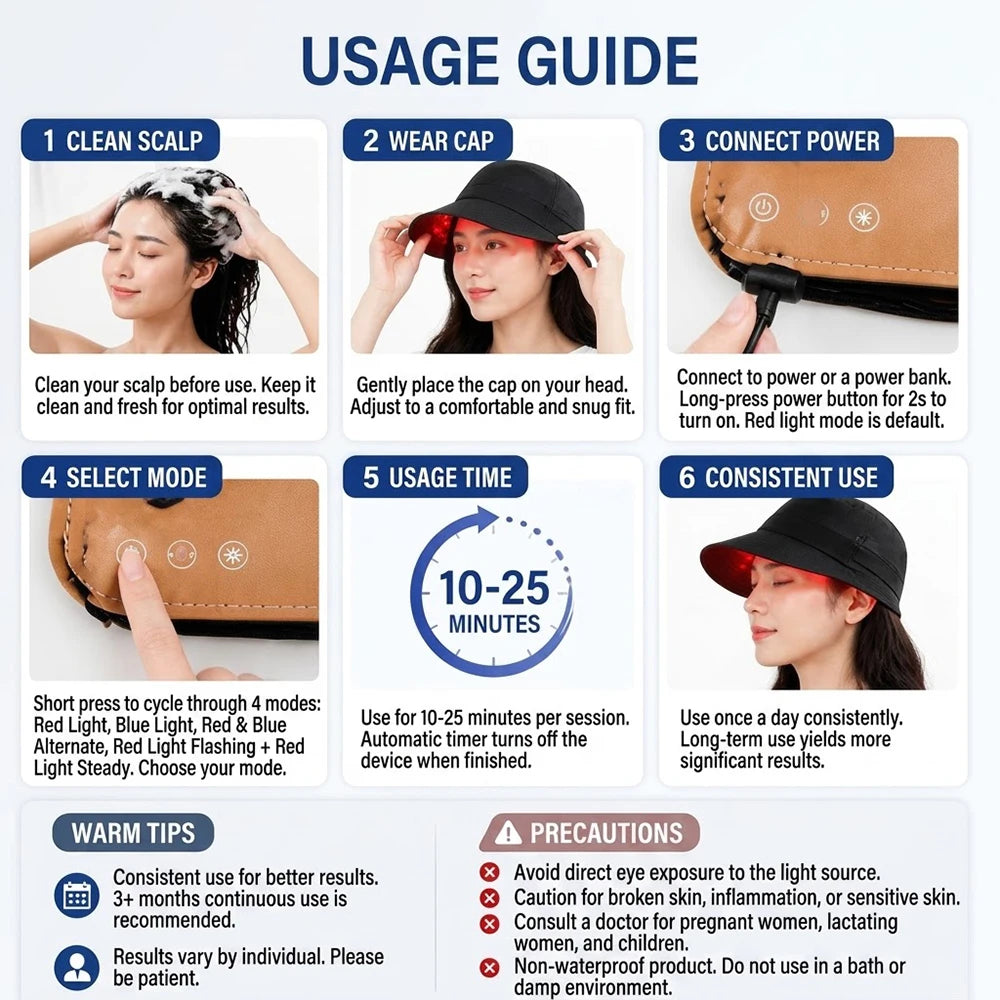 LED Hair Growth Cap Red Blue Light Therapy Hat Scalp Care Device 4 Modes Rechargeable Hair Thickening Cap