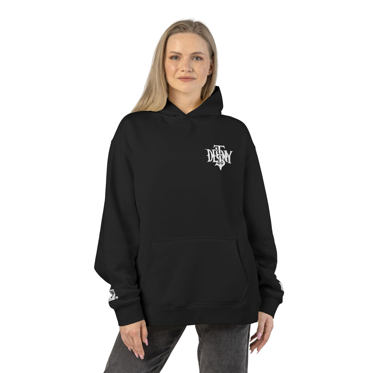 Relaxed Hoodie — Black Streetwear Hoodie with White Gothic 'DESTINY' Logo